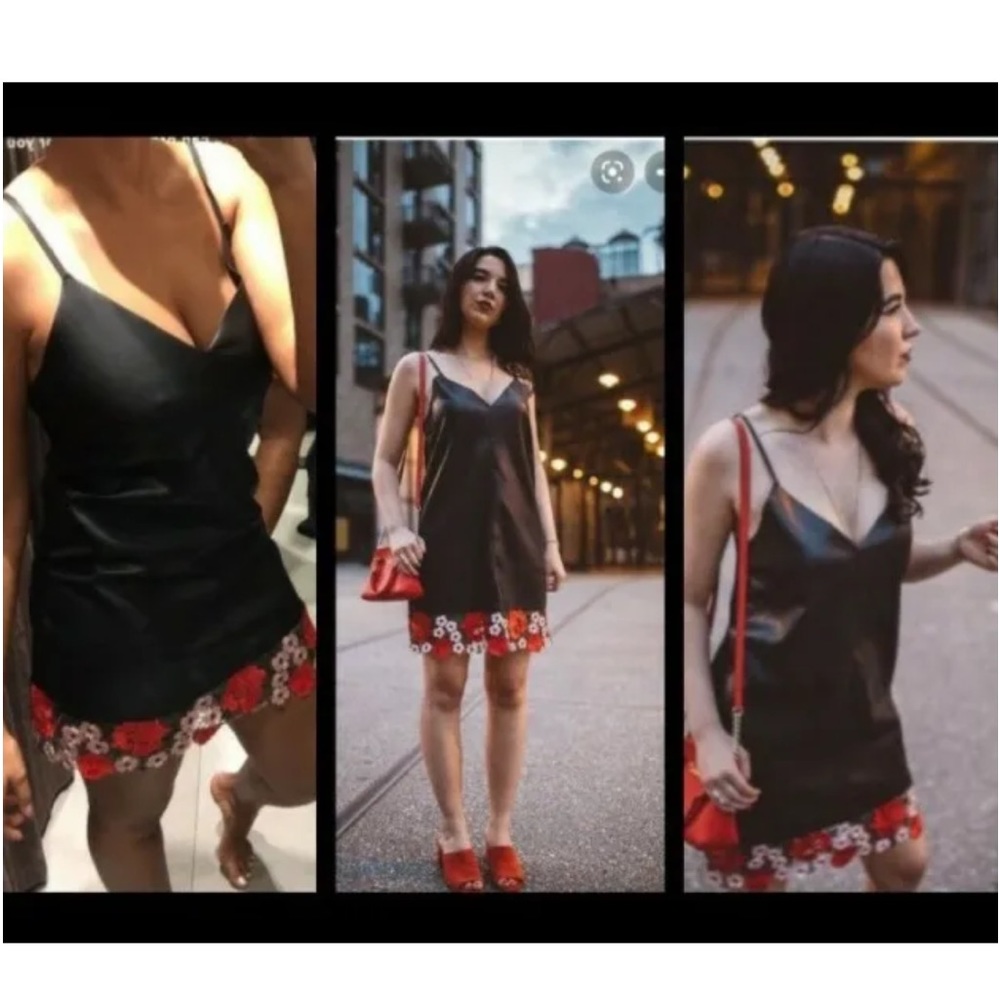ZARA Faux Leather Floral Spaghetti Strap Mini Dress Black Size M NEW